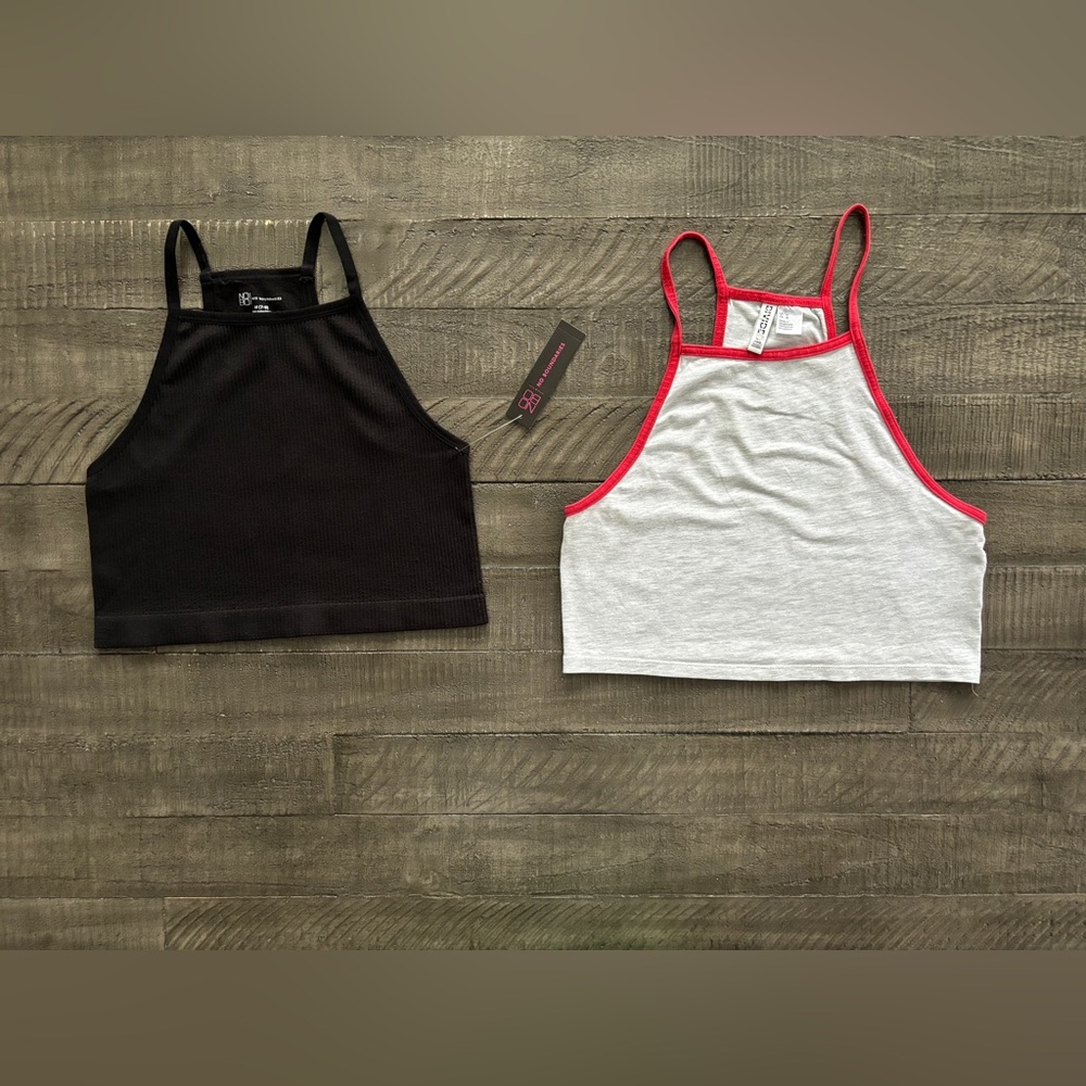 No Boundaries Black Ribbed Crop Top + H&M Divided Gray Red Trim Crop Top Size M